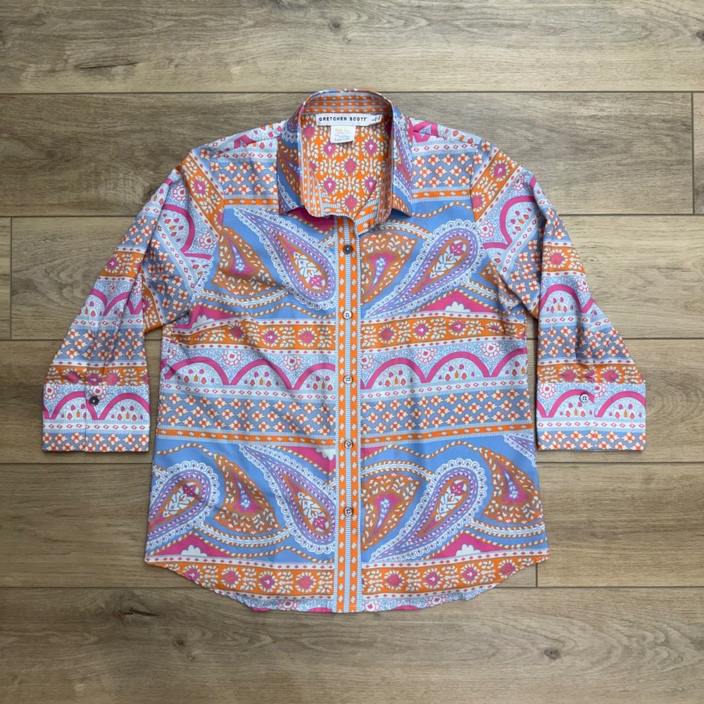 Gretchen Scott Womens Paisley Button Down Shirt Blue Orange Pink 3/4 Sleeve L